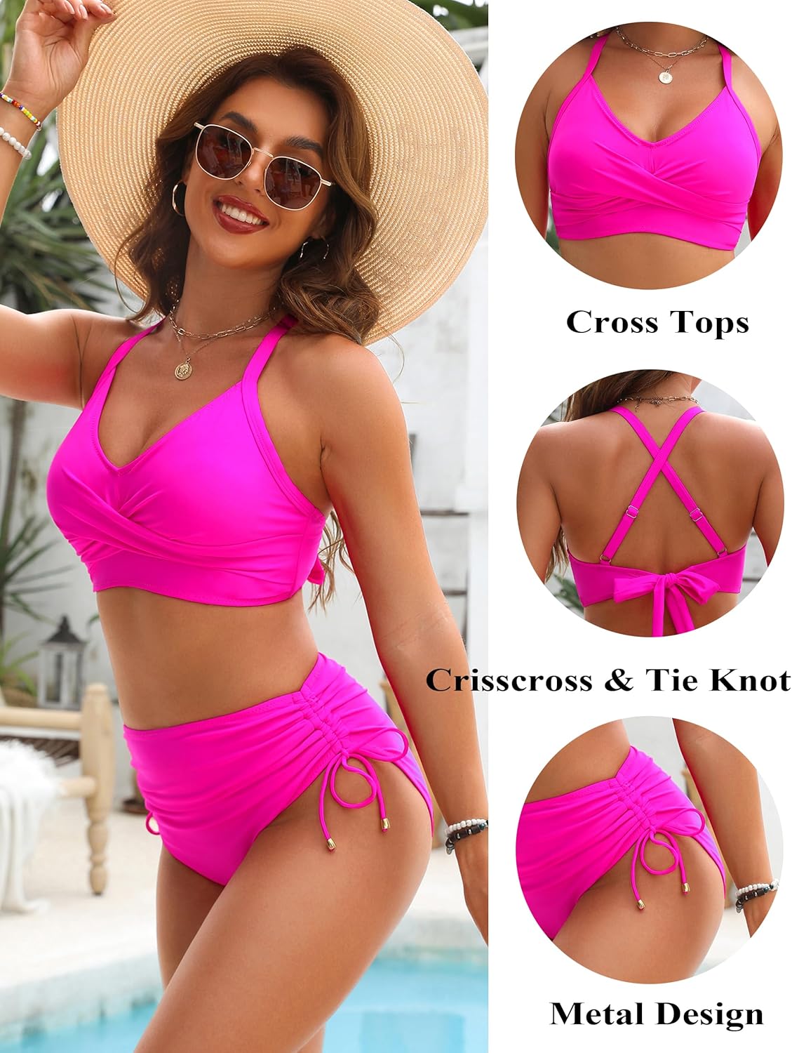 Ocevara Ocevara - Women's High Waisted Bikini Sets Drawstring Tummy Control Swimsuits Crisscross Tie - image 8