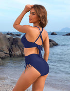 Ocevara - Womens High Waisted Bikini Sets Drawstring Tummy Control Swimsuits Crisscross Tie Back Bathing Suit