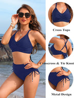 Ocevara - Womens High Waisted Bikini Sets Drawstring Tummy Control Swimsuits Crisscross Tie Back Bathing Suit