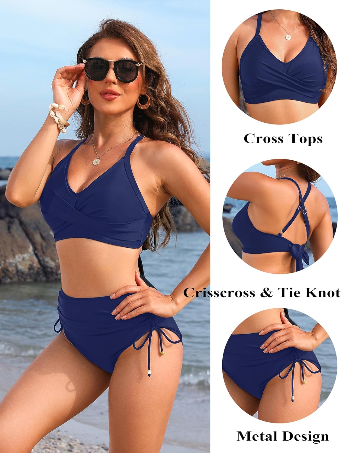 Ocevara - Womens High Waisted Bikini Sets Drawstring Tummy Control Swimsuits Crisscross Tie Back Bathing Suit