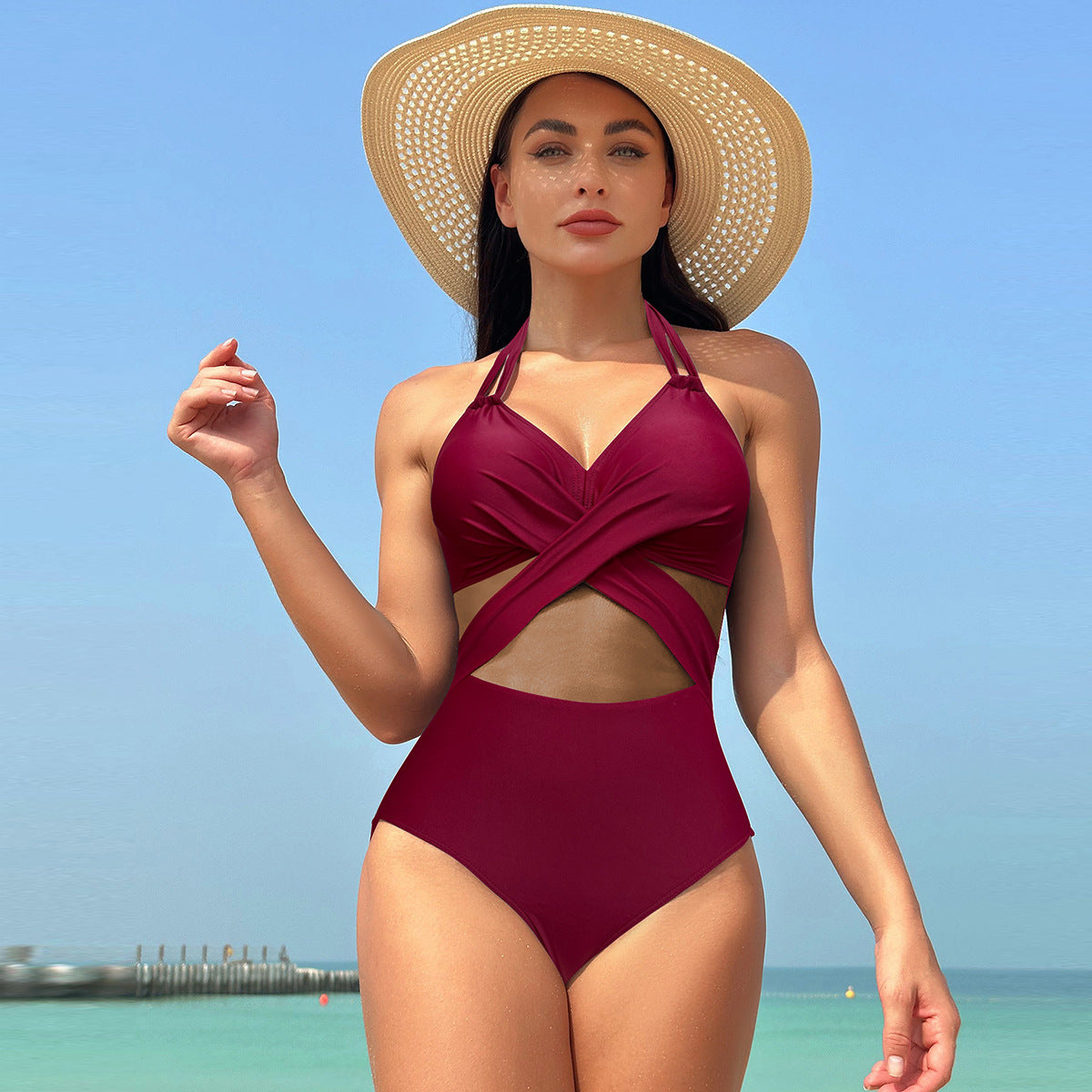 Ocevara - Women's One Piece Swimsuits Mesh Tummy Control High Waisted Bathing Suit Wrap Tie Back Cutout Swimsuit