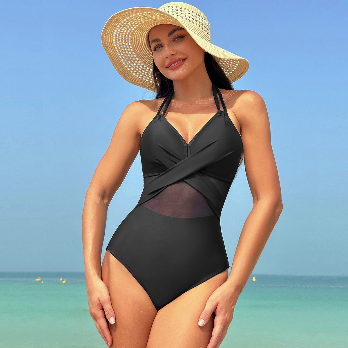 Ocevara - Women's One Piece Swimsuits Mesh Tummy Control High Waisted Bathing Suit Wrap Tie Back Cutout Swimsuit Main image