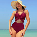 Ocevara - Women's One Piece Swimsuits Mesh Tummy Control High Waisted Bathing Suit Wrap Tie Back Cutout Swimsuit