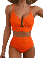 Ocevara High-Waisted Tummy Control Bikini Set Textured U-Wire Cutout Swimwear