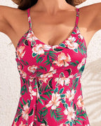 Ocevara - Tummy Control V Neck Twist Knot Tropical Skirted Swimdress