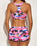 Ocevara - Pink Palm 3 Piece Tank Bathing Suits With Shorts And Racer back Sports