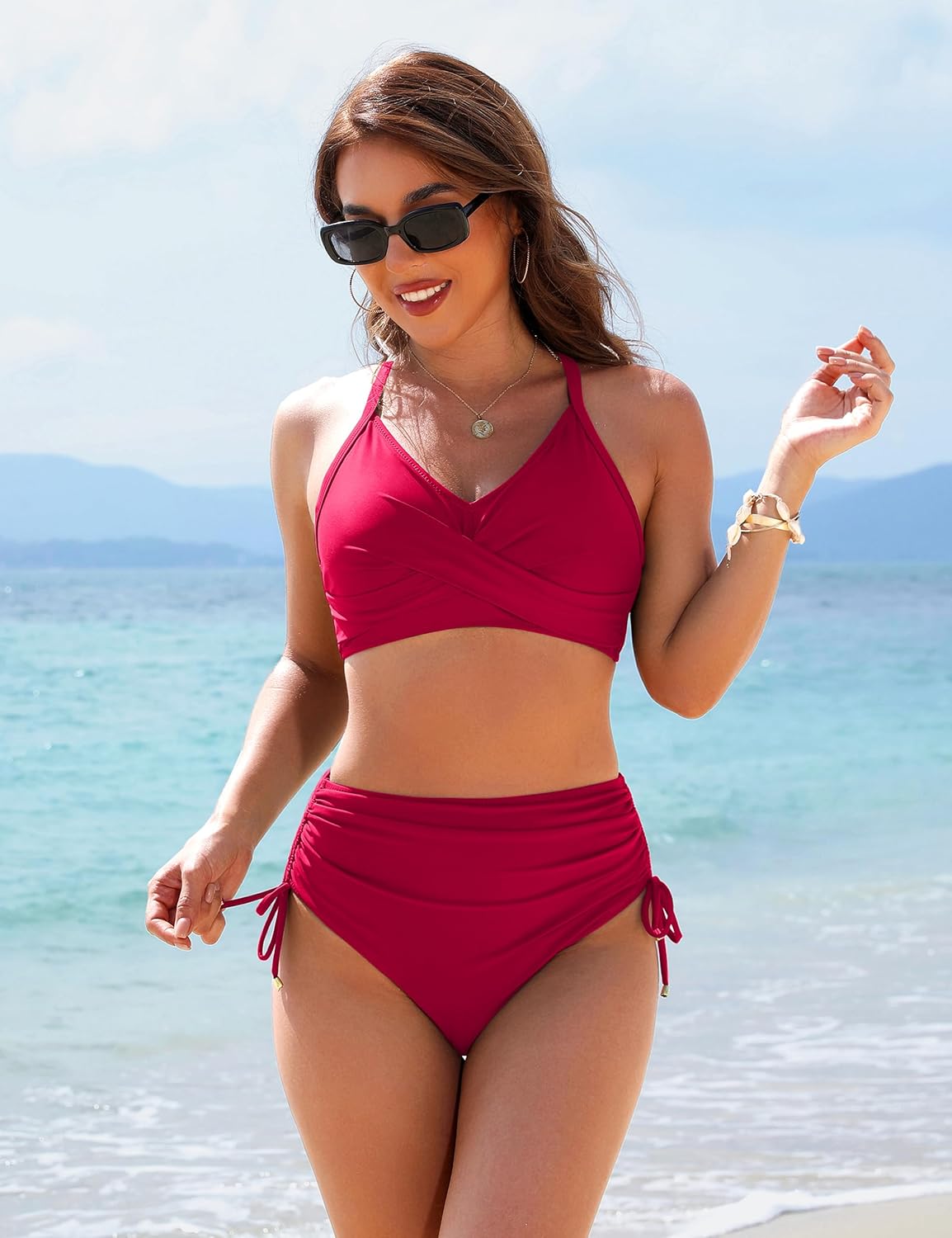 Ocevara Ocevara - Women's High Waisted Bikini Sets Drawstring Tummy Control Swimsuits Crisscross Tie - image 33