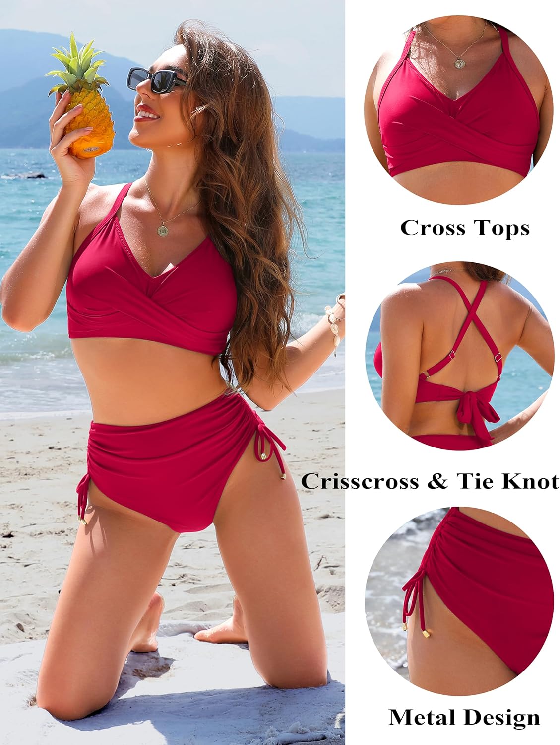 Ocevara Ocevara - Women's High Waisted Bikini Sets Drawstring Tummy Control Swimsuits Crisscross Tie - image 32