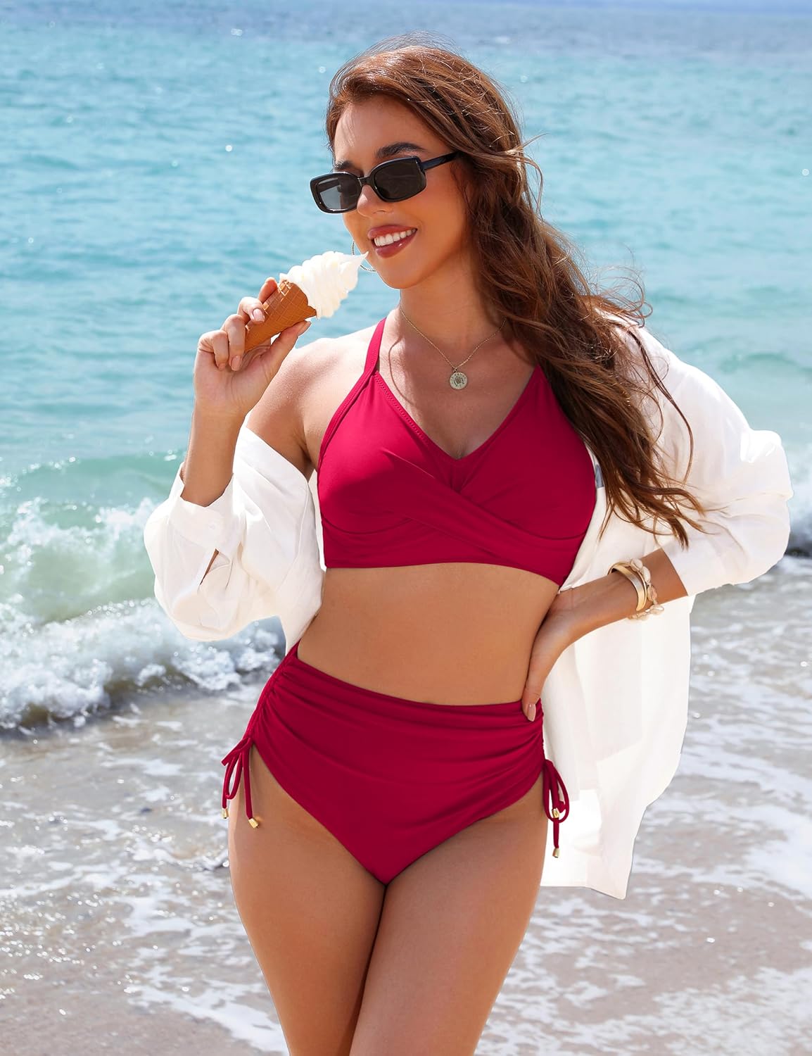 Ocevara Ocevara - Women's High Waisted Bikini Sets Drawstring Tummy Control Swimsuits Crisscross Tie - image 35
