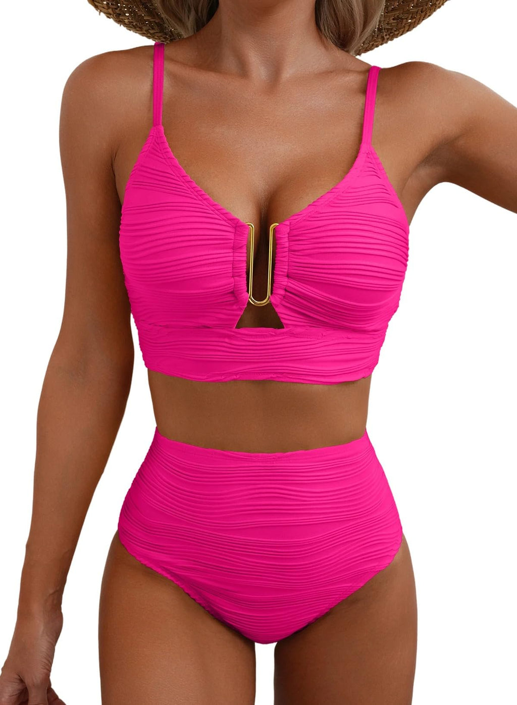 Ocevara High-Waisted Tummy Control Bikini Set Textured U-Wire Cutout Swimwear