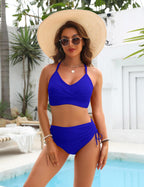 Ocevara - Womens High Waisted Bikini Sets Drawstring Tummy Control Swimsuits Crisscross Tie Back Bathing Suit