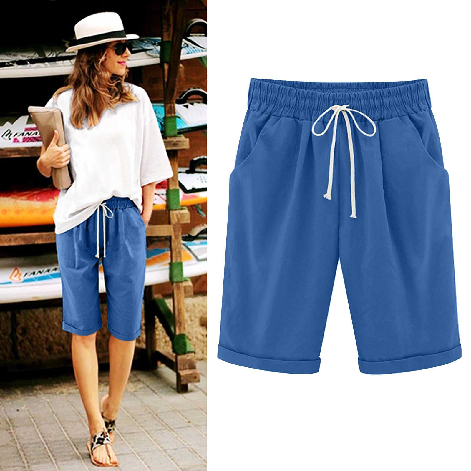 Ocevara - Women's Elastic Waist Knee Length Casual Cotton Bermuda Shorts with Drawstring