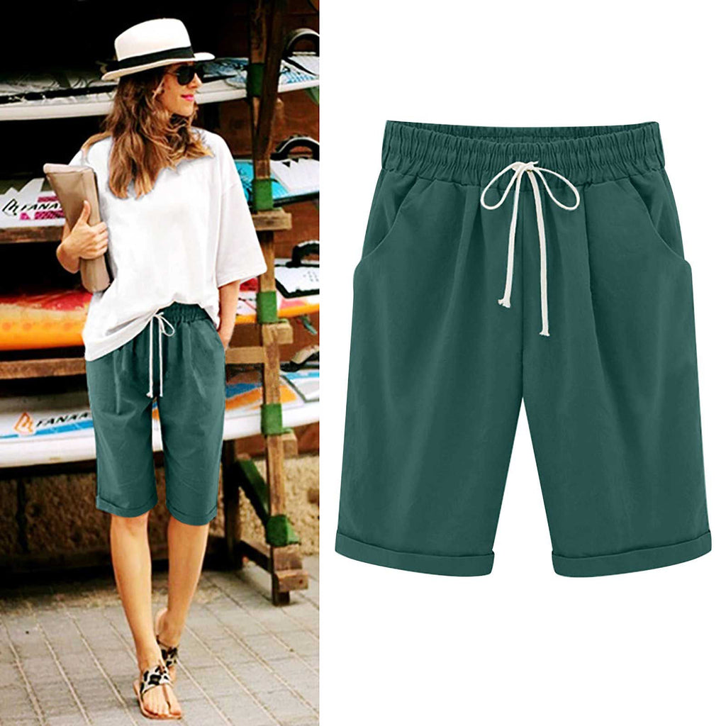 Ocevara - Women's Elastic Waist Knee Length Casual Cotton Bermuda Shorts with Drawstring