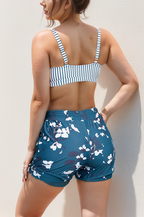 Ocevara - Stripes Square Neck Wide Straps Sporty Bikini Top with Boy Short Set