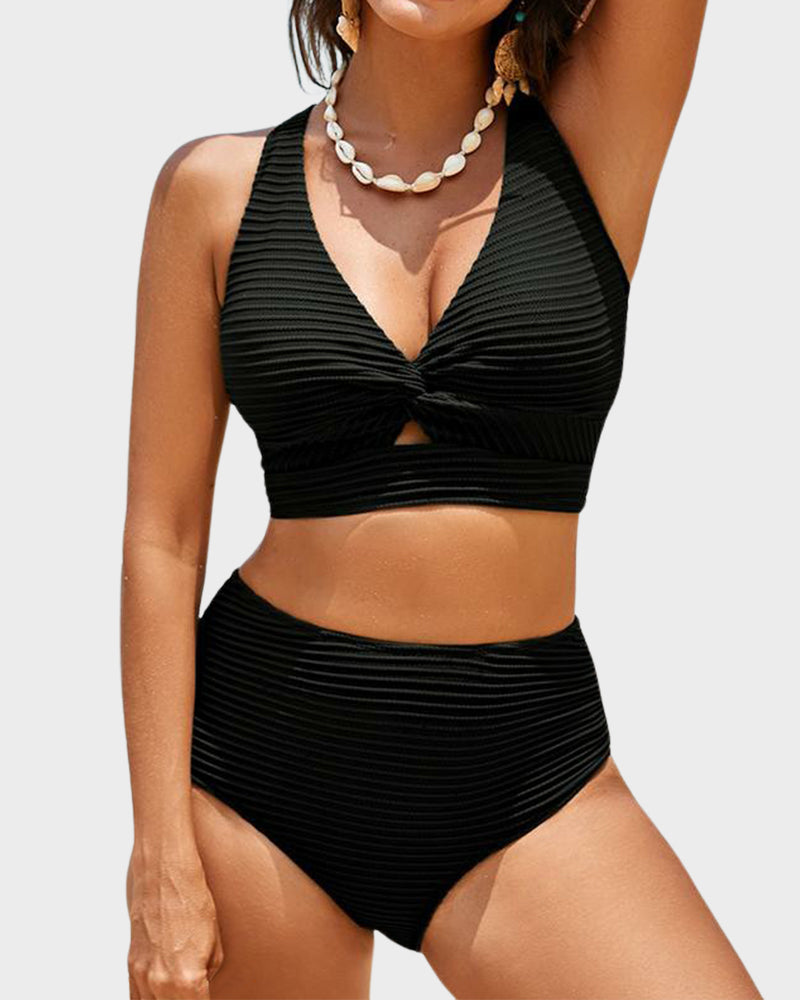 Ocevara - Textured Knot-Front High-Waisted Bikini Set