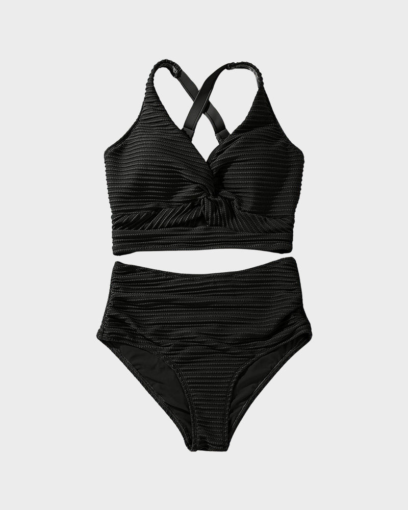 Ocevara - Textured Knot-Front High-Waisted Bikini Set