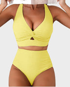 Ocevara - Textured Knot-Front High-Waisted Bikini Set