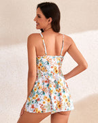 Ocevara - Tummy Control V Neck Twist Knot Tropical Skirted Swimdress