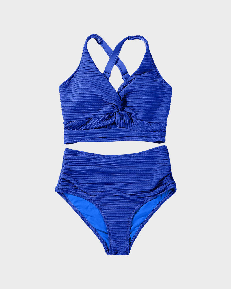 Ocevara - Textured Knot-Front High-Waisted Bikini Set