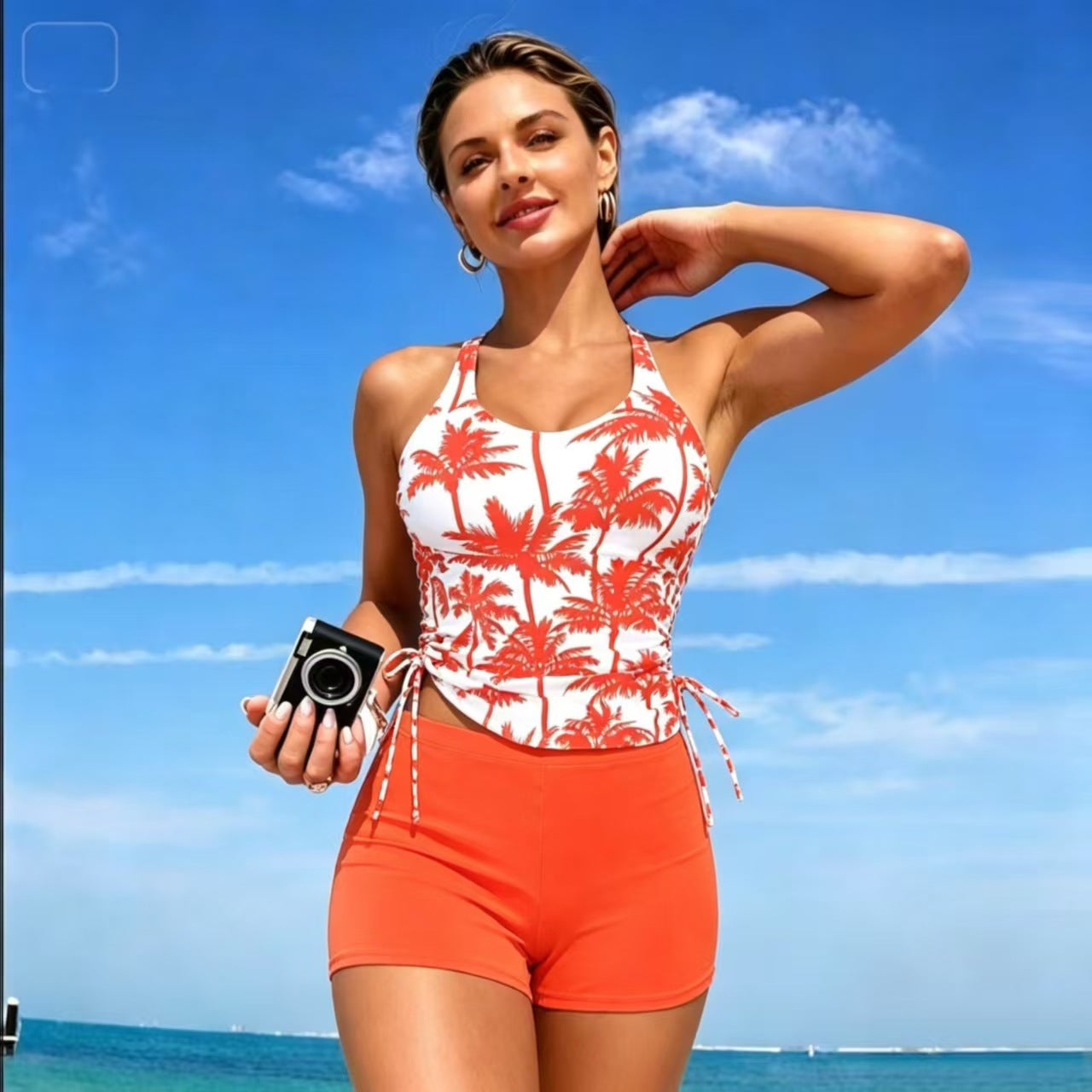 Palm Print Ruched Tankini and Boyshort Set - color-02