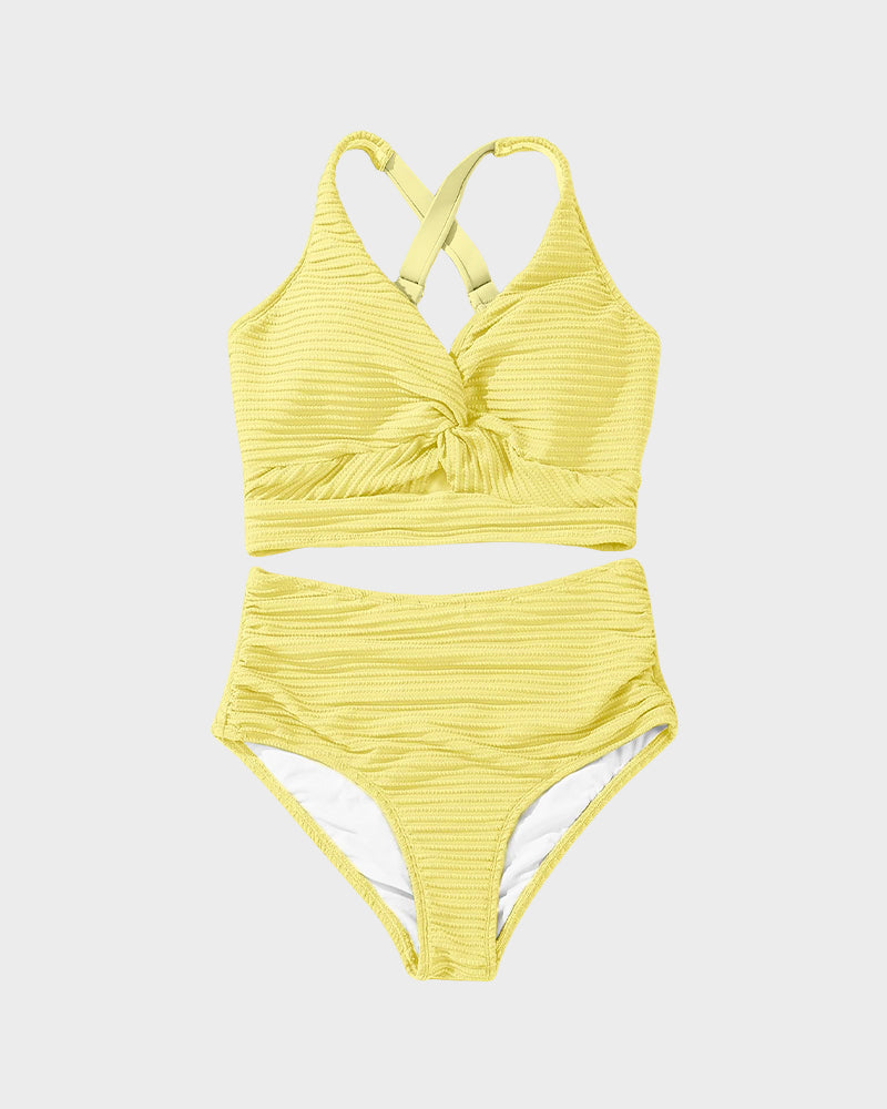 Ocevara - Textured Knot-Front High-Waisted Bikini Set