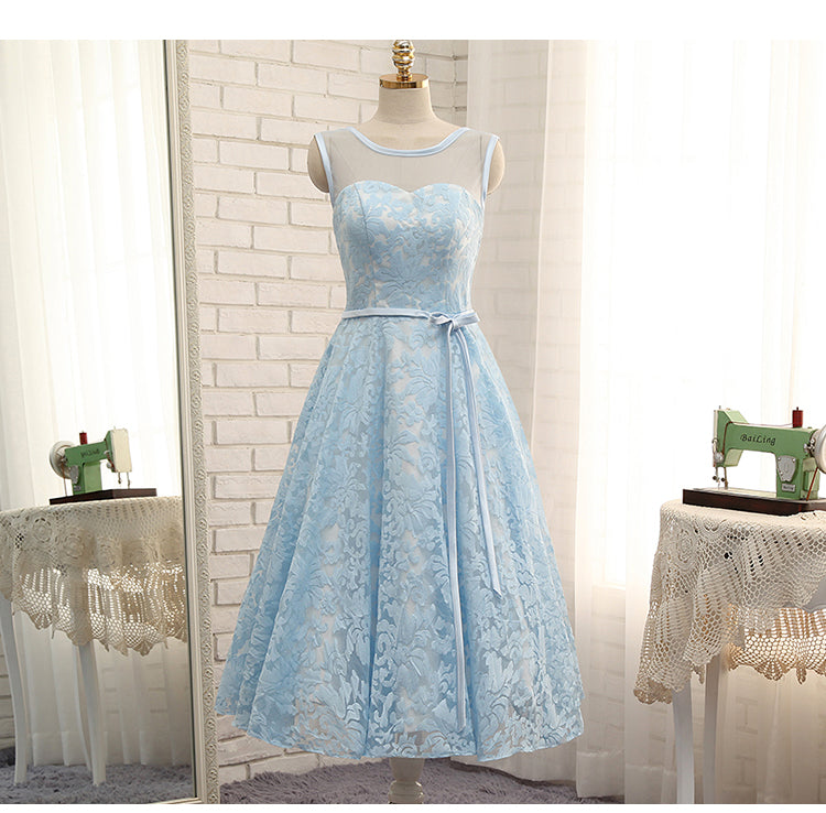 High Quality Blue A Line Lace Short Prom Dresses,Sleeveless Homecoming Dresses OK470
