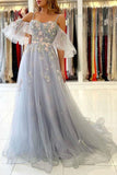 Vintage A-Line Long Tulle Evening Prom Dress With Lace Appliques OK1208