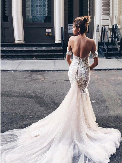 Mermaid Sweetheart Backless Court Train Wedding Dress with Lace Appliques OKR19