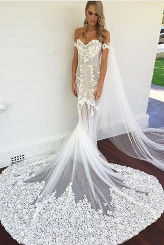 Off the Shoulder Short Sleeves Court Train Mermaid Wedding Dresses with Appliques Lace OKF75