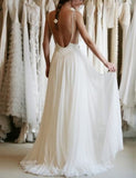 Simple White Lace Bridal Gown,A Line Chiffon Backless Cheap Wedding Dress OK382