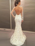 Mermaid Jewel Long Sleeves Sweep Train Bridal Dress, Prom Dress with Lace Appliques OKE36