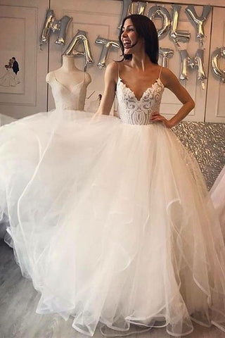 Ivory A-Line Spaghetti Straps Tulle Cheap Wedding Dresses with Lace OKF90