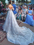Elegant A-Line Cold Shoulder Lace Beach Wedding Dresses with Ruffles Appliques OKF88