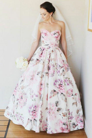 Cheap A-Line Sweetheart Floor Length Floral Satin Long Wedding Dresses OKF89