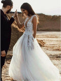 Sexy A-line Deep V-Neck Sweep Train Wedding Dress with Appliques Split OKR39