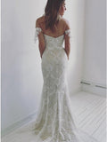 Mermaid Off-the-shoulder Backless Sweep Train Ivory Lace Wedding Dress OKR33