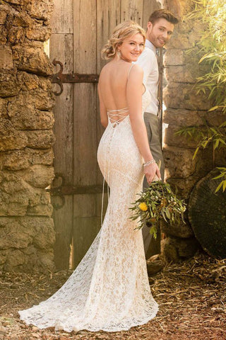 Mermaid Spaghetti Straps Backless Ivory Lace Wedding Dress Elegant Bridal Dress OKL61