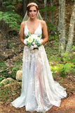 Charming A-Line Spaghetti Straps Sweep Train Wedding Dresses with Appliques OKL59