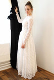 Elegant A-Line Crew Long Sleeves Floor-Length Lace Wedding Dresses OKL60