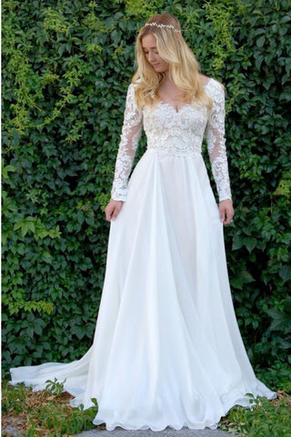 A-Line V-Neck Long Sleeves Wedding Dresses with Lace Appliques OKL50