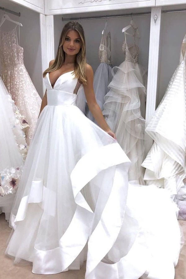 A-Line Spaghetti Straps Sweep Train Tulle White Wedding Dresses Bridal Gown OKM30