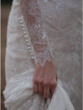 Mermaid Jewel Long Sleeves Lace Wedding Dresses with Pearls OKL16