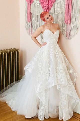 A-Line Sweetheart Sweep Train Wedding Dresses with Lace Appliques OKM25