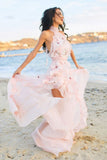 A-Line Halter Backless Light Pink Chiffon Beach Wedding Dress with Appliques Ruffles OKR83