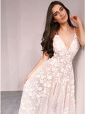 A-line Spaghetti Straps Floor-Length V Neck Wedding Dress with Appliques OKS28