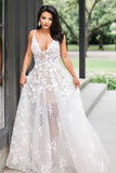 A-line Spaghetti Straps Floor-Length V Neck Wedding Dress with Appliques OKS28