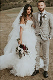A-line Strapless Ruffles Beach Wedding Dress with Appliques Split OKS36