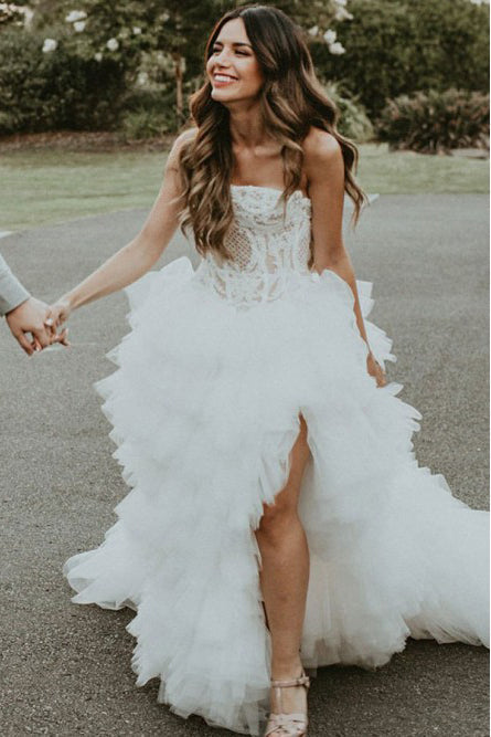 A-line Strapless Ruffles Beach Wedding Dress with Appliques Split OKS36