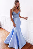 Two Pieces Mermaid Spaghetti Straps Prom Dresses, Lace Up Back Evening Dresses OKJ51