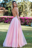 Pink A Line Spaghetti Strap Prom Dress, Backless Beaded Evening Dress OKJ59